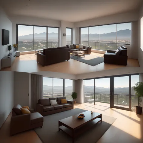 Luxury apartment, living room, sofa, coffee table, floor-to-ceiling windows on the front and sides, overlooking the modern city, mountains in the distance, interior architectural view, expansive movie view, precise architectural rendering, romantic light a...