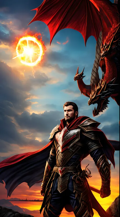 a man and his mythic  power,who can control fire and waterrl,dark red armor, standing on mountain,full body, sunset, dragona fly...