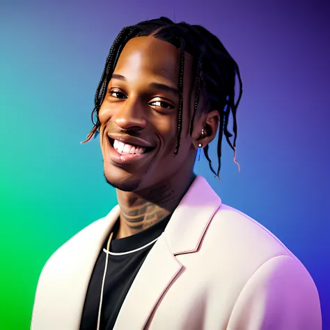 Travis Scott, small head, smile, bright smile, teeth, has personality, background is gradient, stage lighting, original simulation style, charming gaze, charming expression. The background should be a simple gradient, pay close attention to details such as...