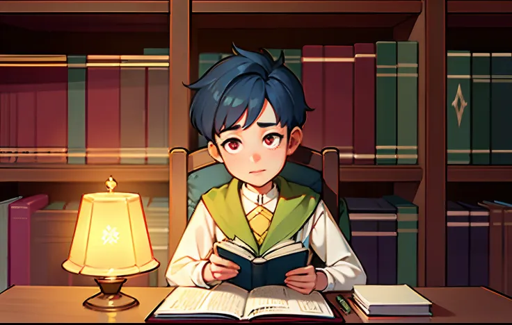 In a cozy, quiet school library, the focal point of the scene is a young boy engrossed in reading. His eyes are filled with curiosity and excitement as he explores the world through books. The library is filled with shelves adorned with countless books of ...