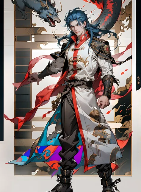 A young man with long slate-blue hair, disheveled and flying hair, sharp gaze, a resolute countenance, he has a mixed West Asian and Eastern European appearance, a fantasy wuxia-style tight-fitting trench coat robe, with a flowing hem, the color scheme is ...