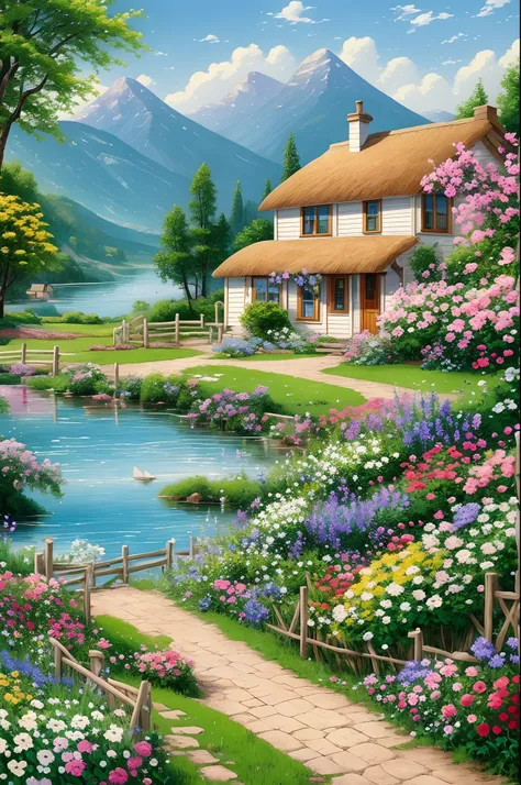 painting of a cottage, flowers beside of fence, fence along the road,  mountain landscape with a lake and a boat, birds flying i...