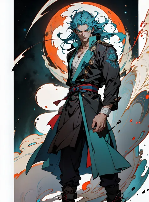 A young man with long slate-blue hair, disheveled and flying hair, sharp gaze, a resolute countenance, he has a mixed West Asian and Eastern European appearance, a fantasy wuxia-style tight-fitting trench coat robe, with a flowing hem, the color scheme is ...