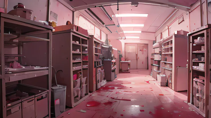 Pink tones，Light pink operating room，Exaggerated stacked dolls，Bloody handprint horror wallpaper，Lots of medical equipment，Medical instruments，Skeleton dolls，needle，dreamy and detailed，blood vess，Scary atmosphere，wide angles，left right symmetry，Empty