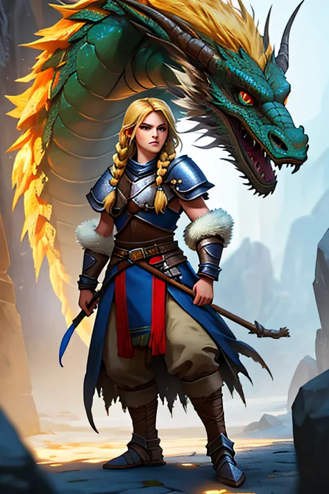 Dungeons&Young teenage female savage from Dragons, Blonde hair in one long braid, full bodyesbian、leathery、Fur armor、No metal, Holding a spear, big muscle, nffsw, in the style of realistic and hyper-detailed renderings,Dungeon and Dragon, 8K, Detailed eyes...