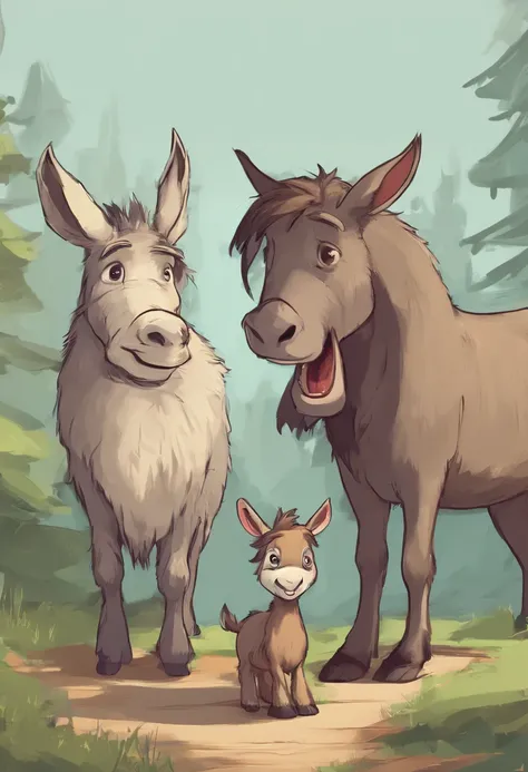 Draw a donkey animals next to each other in cartoon style, A goat and a bear