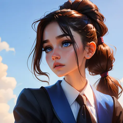 A teenage girl with long brown hair tied in a ponytail, blue eyes with dark circles and full lips , wearing a fancy royal blue school uniform , Portair HD