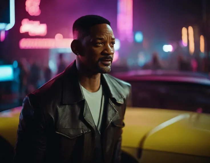 Fotografia do will smith no mundo do cyberpunk 2077, futurista, vestindo sobretudo com neon