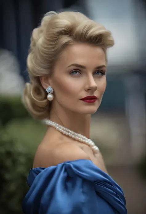 Photographic portrait of a gorgeous young blonde lady dressed perfectly for Royal Ascot in pearls and an ultraconservative blue dress with short puffed sleeves