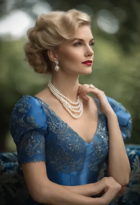 Photographic portrait of a gorgeous young blonde lady dressed perfectly for Royal Ascot in pearls and an ultraconservative blue dress with short puffed sleeves