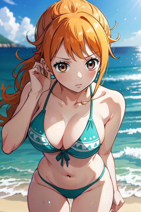 Nami of one piece, long orange ponytail hair, Beautiful brown eyes, Blushing cheeks, Wearing a bright bikini, Enjoy a sunny day at the beach. Art style is、Must resemble a captivating anime style.

About image quality, priority (Best Quality, 4K, 8K, hight ...