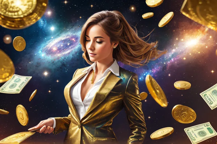 A detailed painting of a woman in a suit, surrounded by a flurry of dollar bills and gold bar, gold coins, nebula ambiance