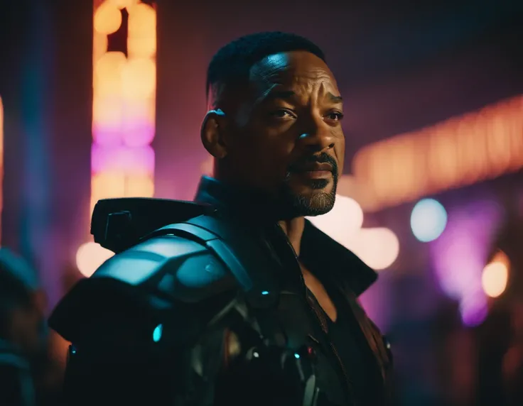 Fotografia do will smith no mundo do cyberpunk 2077, futurista, vestindo sobretudo com neon, futuro, ano 2077, reimaginar