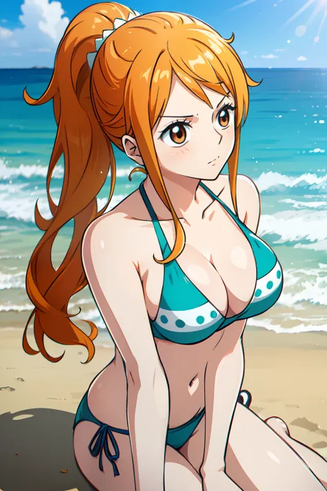 Nami of one piece, long orange ponytail hair, Beautiful brown eyes, Blushing cheeks, Wearing a bright bikini, Enjoy a sunny day at the beach. Art style is、Must resemble a captivating anime style.

About image quality, priority (Best Quality, 4K, 8K, hight ...