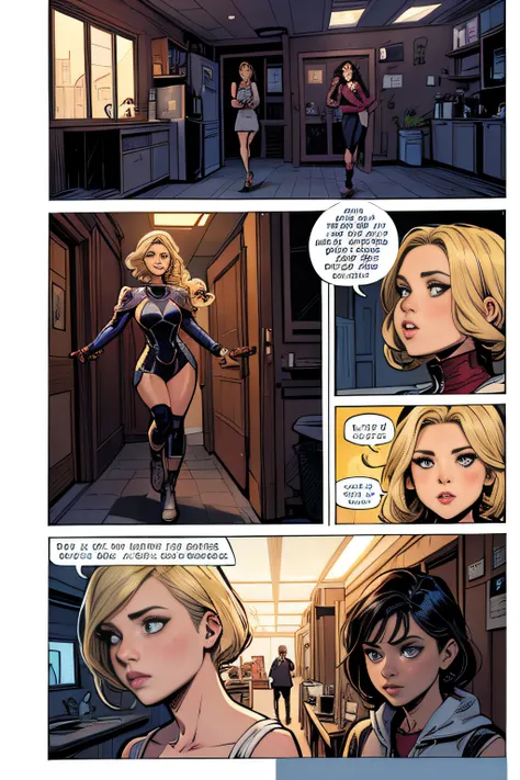 Comic storyboard:1.8, Cartoon comic strips,comic strip:: jennifer lawrence,Selena Gomez(1人の女性) The full body of a 30-year-old blonde,In a futuristic house, marvel comics style, Hyper HD, 24K Ultra HD