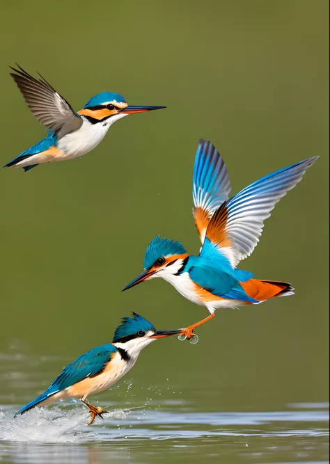 White-breasted kingfisher in flight. In the mouth of a small fish, the image is sharp, realistic. Highly detailed