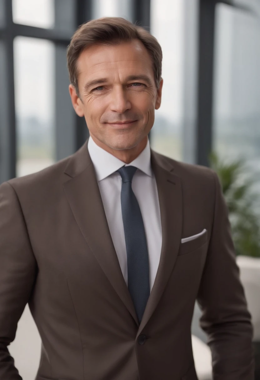 Attractive serious 50 year old man with short brown hair in business suit Hugo boss, Prise de vue du corps entier, sourire