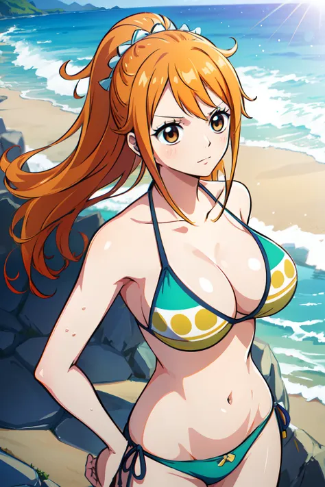 Nami of one piece, long orange ponytail hair, Beautiful brown eyes, Blushing cheeks, Wearing a bright bikini, Enjoy a sunny day at the beach. Art style is、Must resemble a captivating anime style.

About image quality, priority (Best Quality, 4K, 8K, hight ...