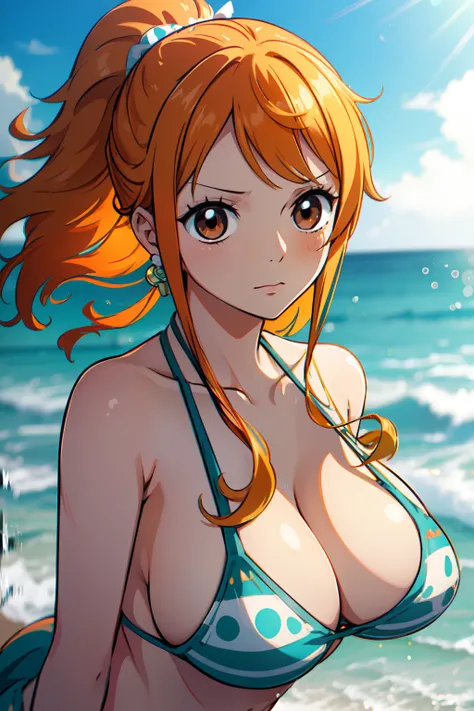 Nami of one piece, long orange ponytail hair, Beautiful brown eyes, Blushing cheeks, Wearing a bright bikini, Enjoy a sunny day at the beach. Art style is、Must resemble a captivating anime style.

About image quality, priority (Best Quality, 4K, 8K, hight ...