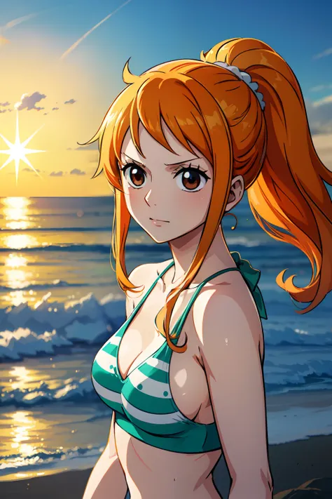 Nami of one piece, long orange ponytail hair, Beautiful brown eyes, Blushing cheeks, Wearing a bright bikini, Enjoy a sunny day at the beach. Art style is、Must resemble a captivating anime style.

About image quality, priority (Best Quality, 4K, 8K, hight ...