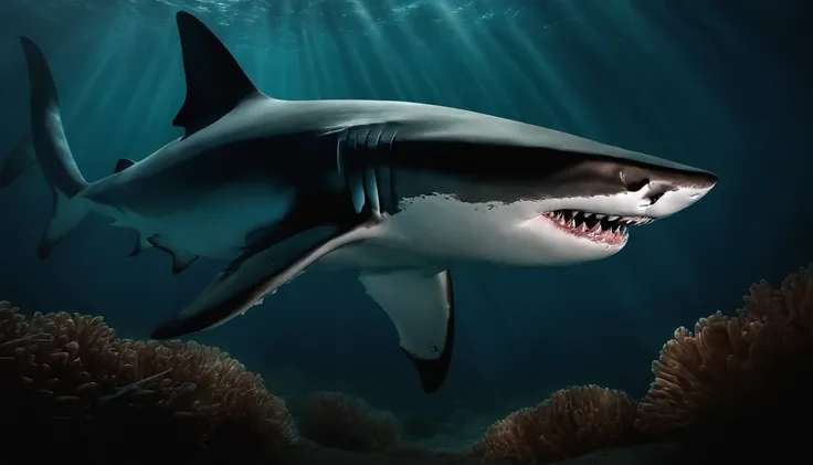 A moment of desperate prayer in the huge belly of a shark.
 Illuminated by the dim light coming in from the sharks mouth.
the ocean，Shark with an open mouth，predation