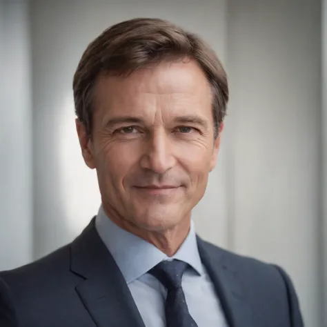 Attractive serious 50 year old man with short brown hair in business suit Hugo boss, Prise de vue du corps entier, sourire lunette de vue