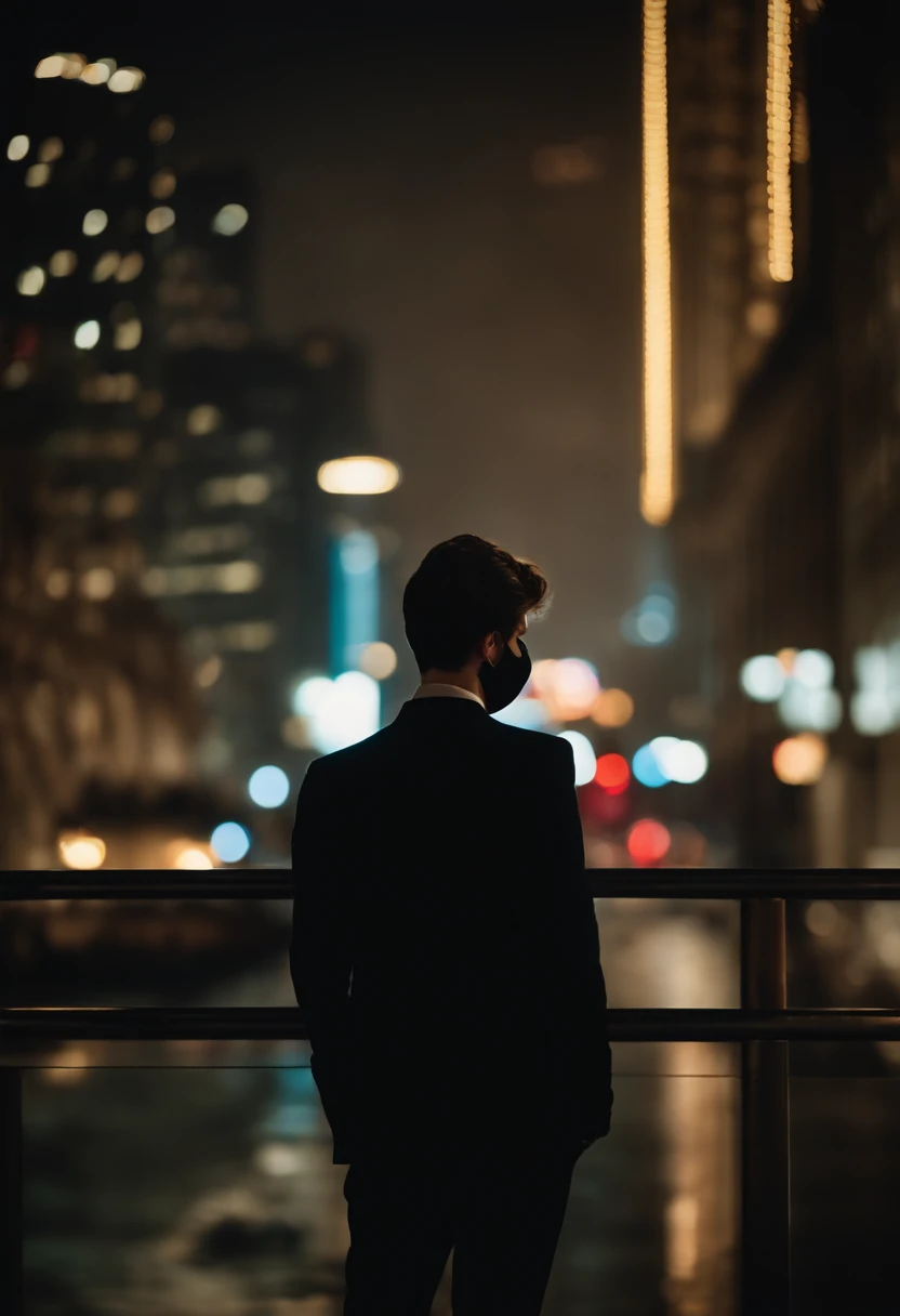 masterpiece, best quality, movie still, 14 year old boy with mask and a spy black suit, looking down at the big city at night. behind him