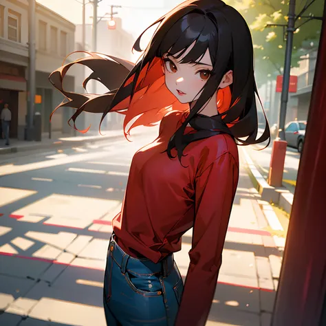 Anime, 1girl, (masterpiece), best quality, expressive eyes, perfect face, young adult, asian, black hair, hair length till shoulders, brown eyes, red lips, light red long sleeved tshirt, skinny denim trousers, elegant, clear focus, shot by greg rutkowski, ...