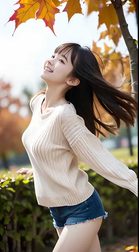 (slender small breasts and long hair,,,,,,、Close up low angle shot of one girl with dull bangs in spring sweater and shirt :1.5)、(Low angle shot of a girl dancing happily、the hair flutters with the wind :1.5)、(Rows of autumn leaves in full bloom and leaves...