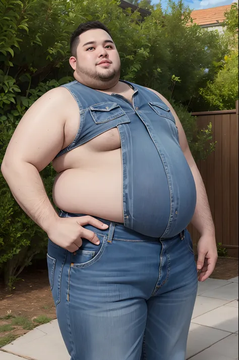 Fat shirtless guy with a big belly wearing jeans in a backyard