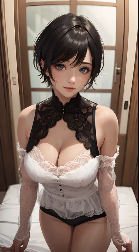 Realistic, Top quality,Large breasts，cleavage，Off-the-shoulder attire，Briefs， 8K  UHD, Digital SLR, Soft lighting, High quality, filmgrain, Fujifilm XT3, Intricate details, Depth of field, 20 year old girl, (Cinematic lighting), (Black hair, Short hair), F...