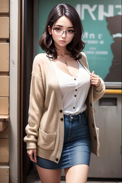 mulher, cabelo castanho, 30 anos, norte-americana, roupas sofisticadas, vestido, eyeglass, cardigan