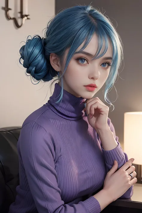 A 20 year old girl with blue hair, blue eyes, updo, turtleneck pink dress, birthday