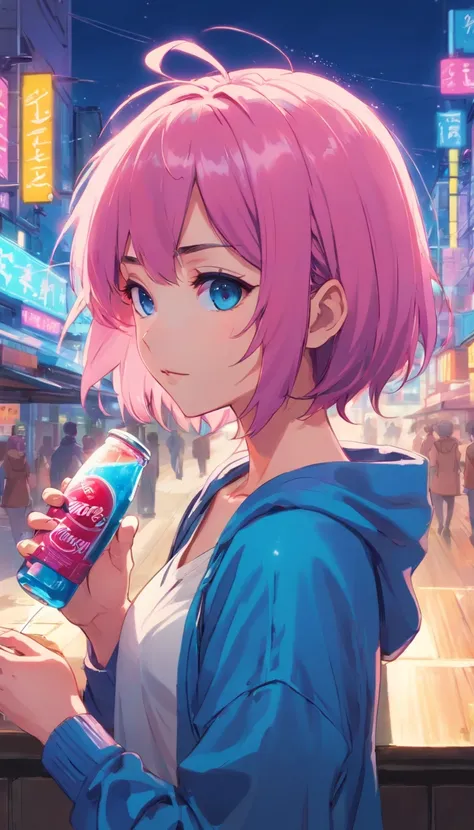 garota de cabelo rosa e azul, bebendo refrigerante, inspirado em anime dos anos 90, cidade cyberpunk, lofi, colorido, drinking soda, pink hair, blue hair