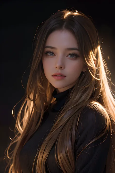 Best quality, masterpiece, ultra high res, (photorealistic:1.4), raw photo, 1girl, long hair, gold hair, detailed eyes and face, black sweater, dynamic lighting, in the dark, deep shadow, low key, cowboy shot