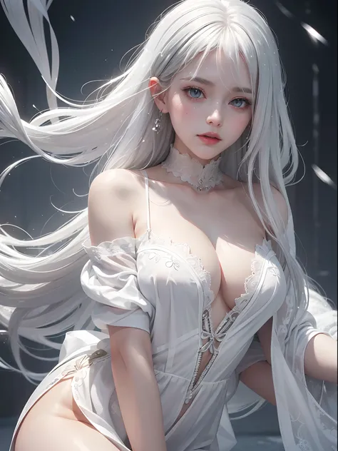 Platinum Blonde Fine Hair、(silver-white hair:1.5), (snow-white hair:1.1), (Silver eyes:1.1), Super long silky straight hair, Bangs on the face and eyes, (Gray big eyes:1.1), Sheer White And Wet Nightgown Snow White Summer Dress, Nordic Youth, Perfect bodie...