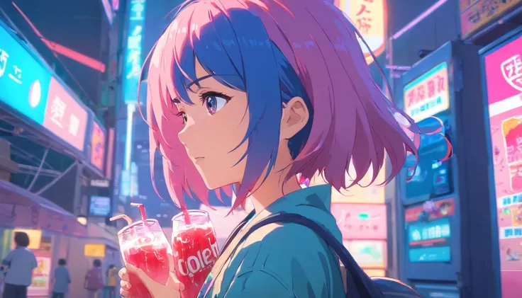 garota de cabelo rosa e azul, bebendo refrigerante, inspirado em anime dos anos 90, cidade cyberpunk, lofi, colorido, drinking soda, pink hair, blue hair