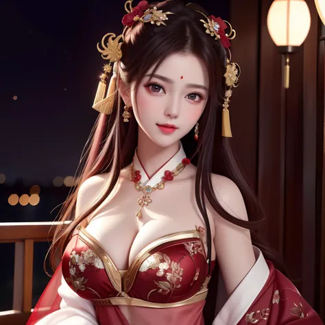 best quality, masterpiece, highres, 1girl,blush,(seductive smile:0.8),star-shaped pupils,sexy china hanfu in red, very luxury, luxury hair ornament, luxury necklace, jewelry,Beautiful face,the chest is open, showing underwear, wearing tube top, beautiful b...