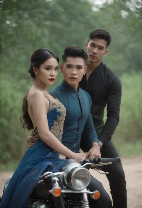 Three Thai bisexuals,Wear a colorful evening dress.,Different shapes,Tall,fat,lean,Bearded,Stacking on the back of a motorcycle,The backdrop is a field with swamps and beautiful large trees.,Evening atmosphere,Theres a ghost chasing after him.