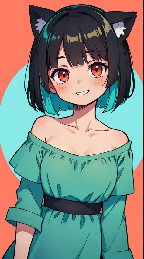 close-up portrait of ((solo 1girl, nekomimi)), ((short black hair in a wavy bob-cut with turquoise highlights)), big grin, side glance, masterpiece, red eyes, (simple plain background), (one-side off-shoulder dress), head tilt, vivid colors, extra long sle...