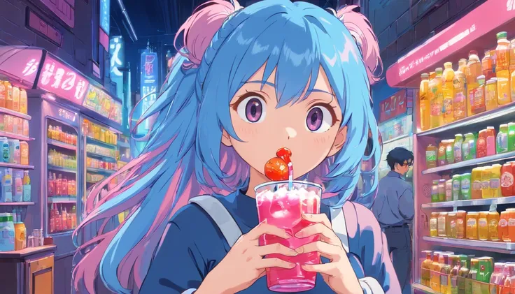 garota de cabelo rosa e azul, bebendo refrigerante, inspirado em anime dos anos 90, cidade cyberpunk, lofi, colorido, drinking soda, pink hair, blue hair