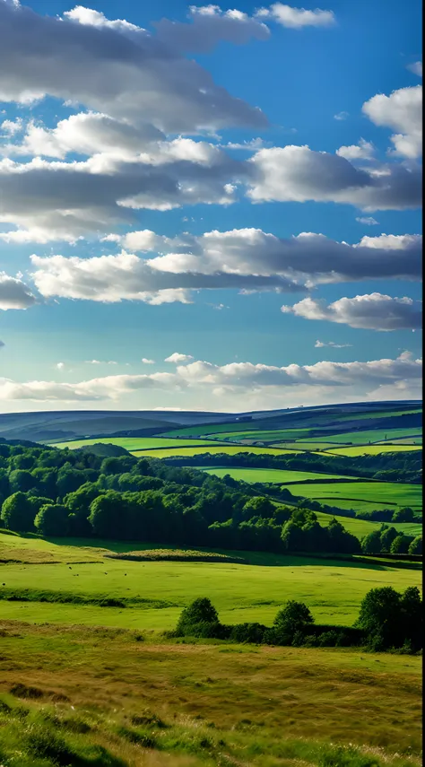 steppe landscape，blues sky and clouds,  green forest, Dingdall effect，a country road，Colorful hot air balloons，high quality desktop wallpaper, verdant forest, detailed fields nature, beautiful english countryside, Stunning landscape, Rolling hills, Landsca...