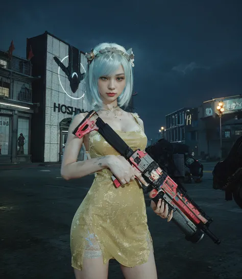 there is a woman in a short dress holding a gun, m4 sopmod ii girls frontline, with rifle, fashion gameplay screenshot, ingame image, inspired by Leng Mei, katana zero video game character, with pistol, cyberpunk 2 0 y. o model girl, cyberpunk angry gorgeo...