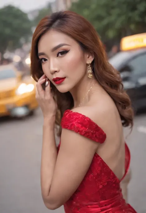 Ladyboy,Brown skin,Golden Hair,Dark makeup,Wearing a red evening gown.,Wear rainbow high heels.,Step out of the taxi.,Talking on the cell phone.