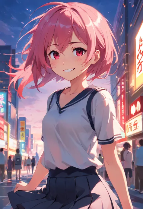 Anime girl smiling, pink hair, messy hair, red eyes, cute face, girlfriend look, white top, black short skirt, sensual pose, full body, short stature, schoolgirl clothes