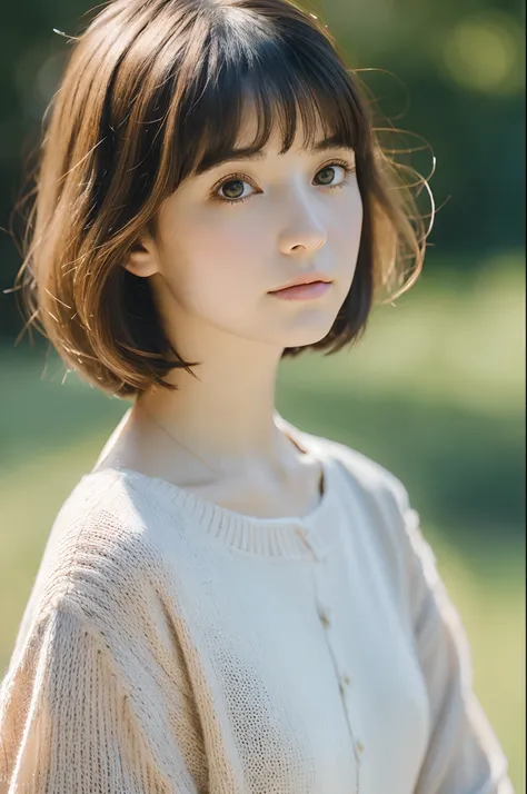 nsfw, smelly feet, Short hair and white summer knit, summer knit, short hair, short hair with bangs, girl with cute face, cute fine face in portrait, French bob, pale fair skin!!, short brown hair and big eyes, soft portrait shot 8 k, beautiful light big e...