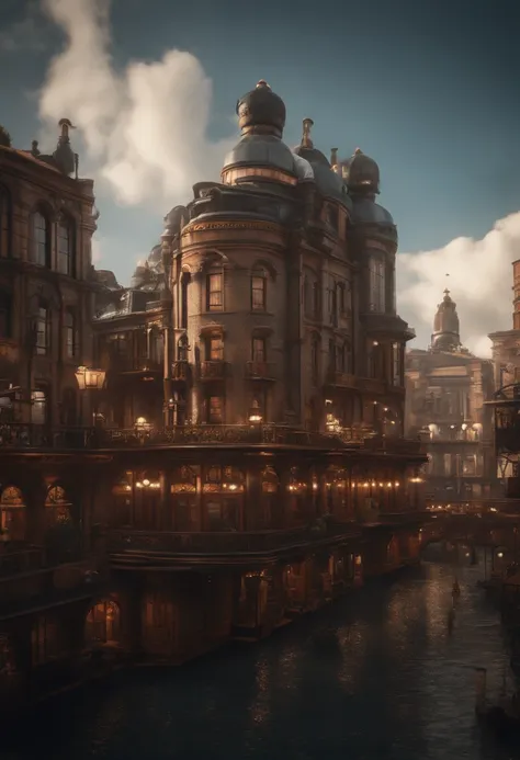 super detail, high details, high quality, 8k, Miyazaki style, a steampunk-style city floating in the sky, clouds and diverse architecture, exuding mystery and technology --v 6