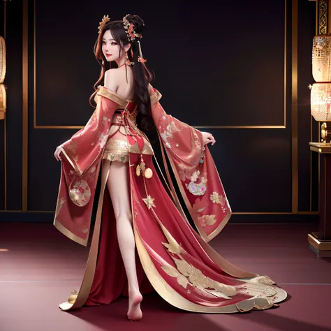 best quality, masterpiece, highres, 1girl,blush,(seductive smile:0.8),star-shaped pupils,sexy china hanfu in red, very luxury, luxury hair ornament, luxury necklace, jewelry,Beautiful face, showing legs, with her back turned, hands hided, barefoot, full bo...