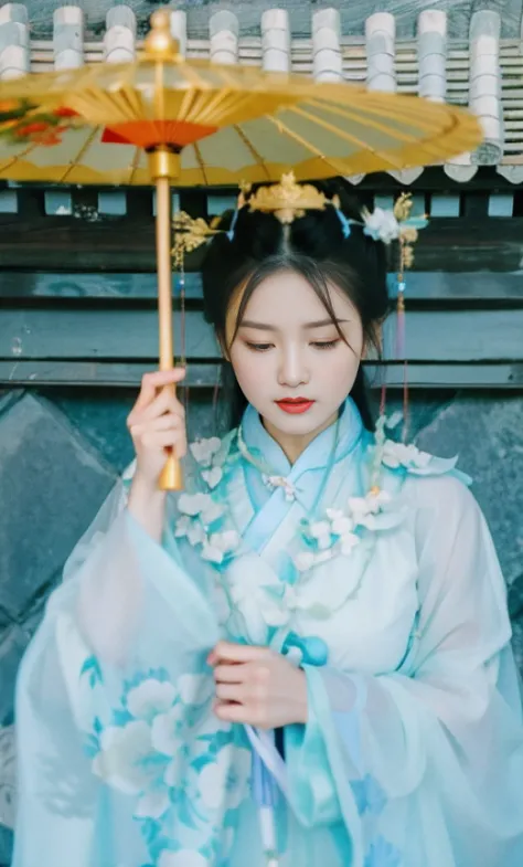 An Asian woman in traditional dress holds an umbrella, Palace ， A girl in Hanfu, Hanfu, Wearing ancient Chinese clothes, White Hanfu, Traditional Chinese clothing, Chinese girl, Chinese woman, Chinese traditional, with acient chinese clothes, Chinese style...