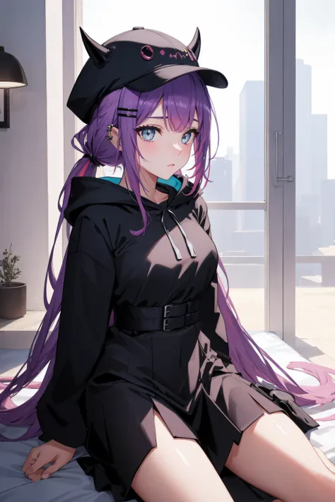 (day:1.7), sky background,a blue sky and clouds,
sitting at attention,sitting on couch,
purple dress,black_cape, cloak,robe,
aatowa, long hair, twintails, black headwear, baseball cap, fake horns, hairclip, piercing, demon tail,
1 girl, 20yo,mature female,...